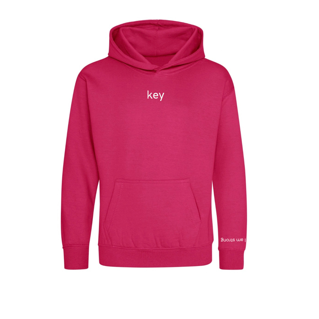 Kids' key Hoodie in Pink – key wordmark on chest, cuff message on sleeve