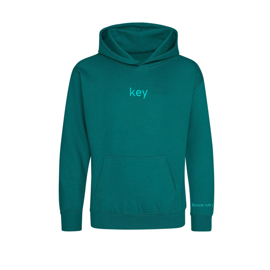 Kids' key Hoodie in Deep Teal – key wordmark on chest, cuff message on sleeve