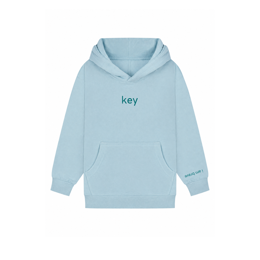 Kids' key Hoodie in Sky Blue – key wordmark on chest, cuff message on sleeve