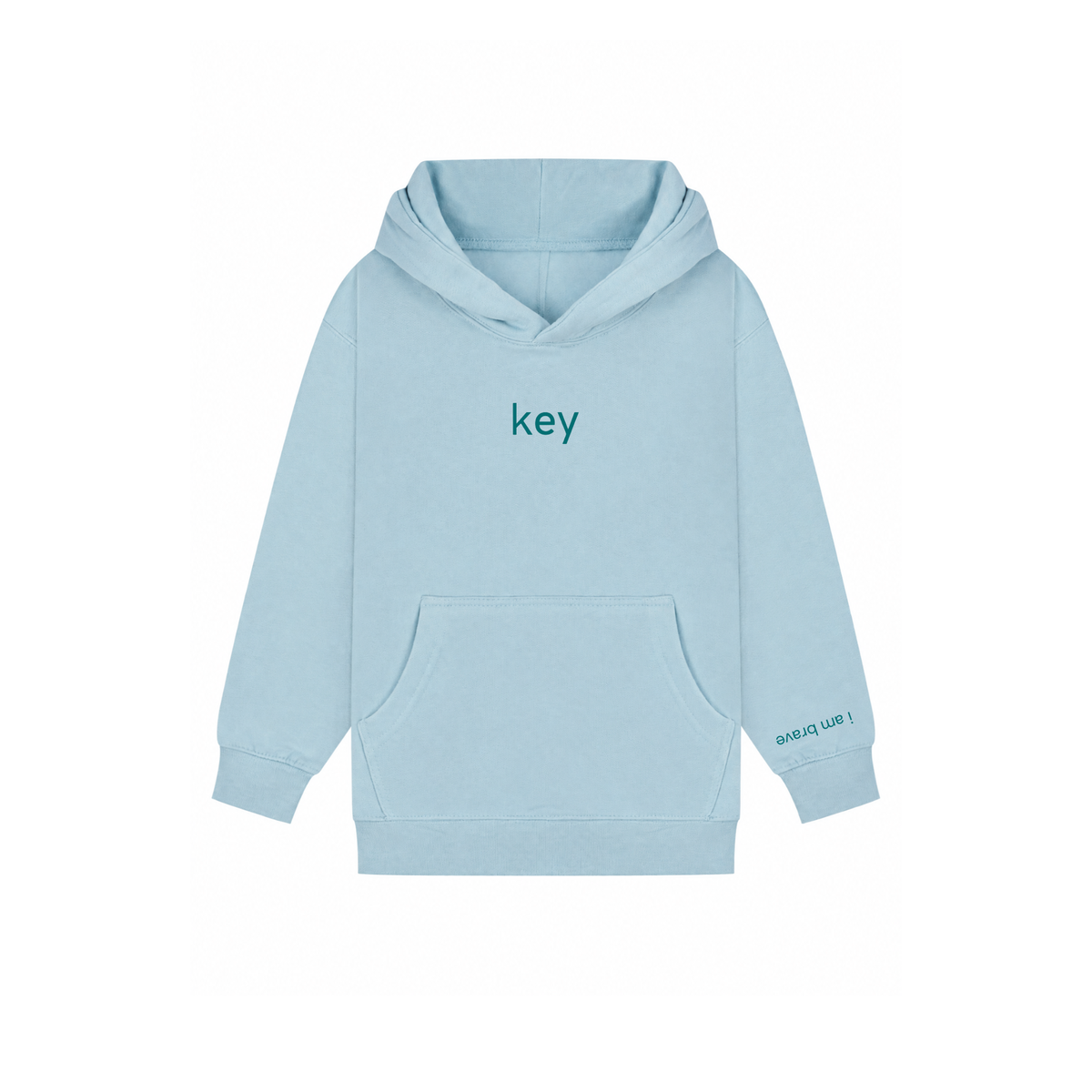 Kids' key Hoodie in Sky Blue – key wordmark on chest, cuff message on sleeve