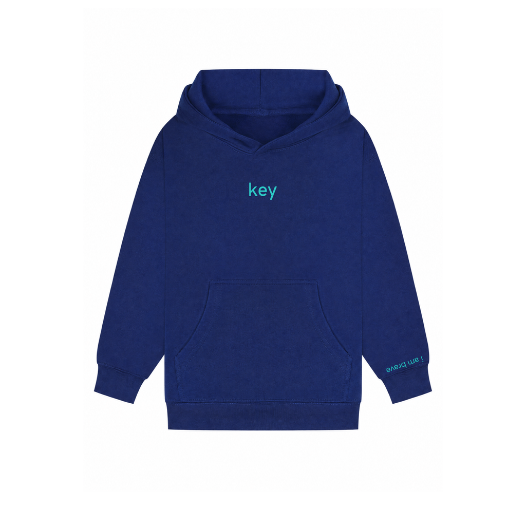 Kids' key Hoodie in Royal Blue – key wordmark on chest, cuff message on sleeve