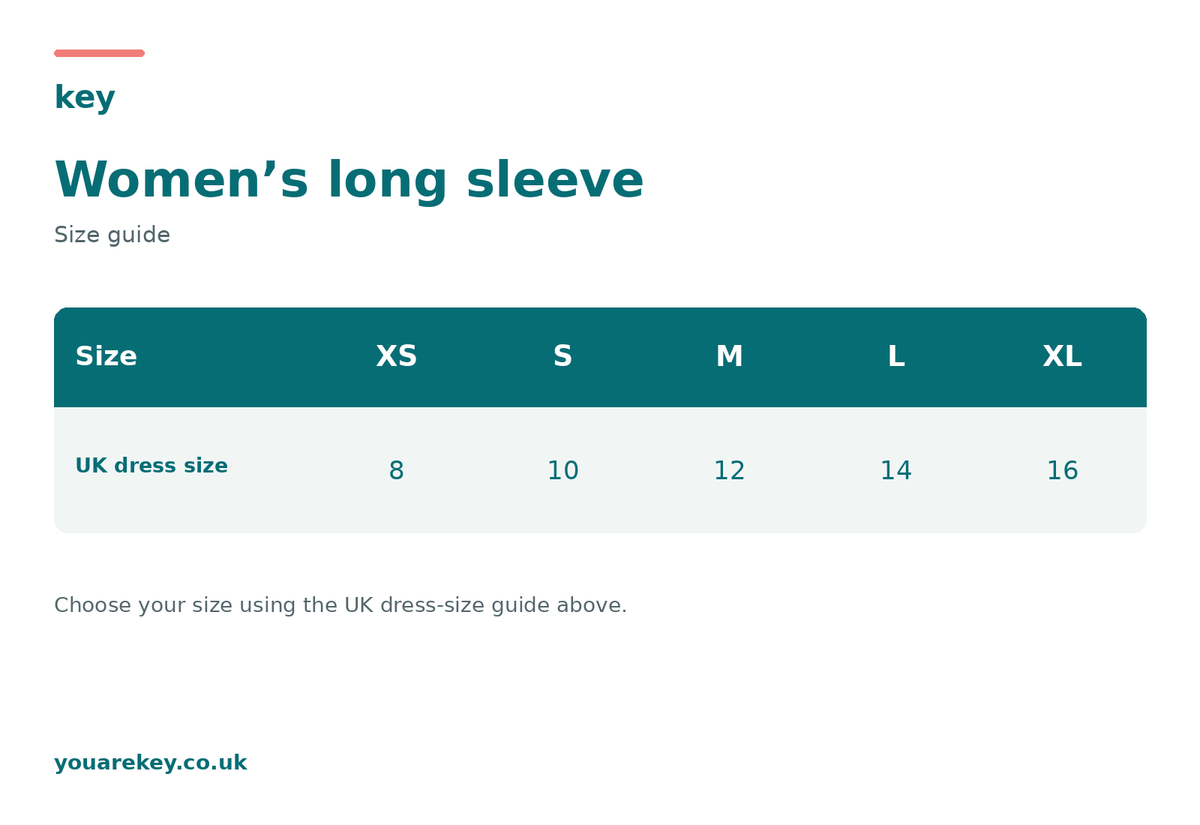 Women’s long sleeve size guide. UK dress size: XS 8, S 10, M 12, L 14, XL 16. Choose your size using this UK dress-size guide.